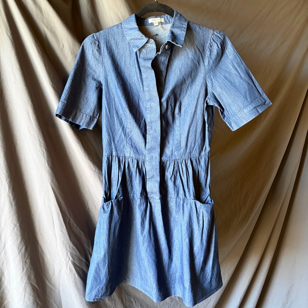 TYLER BOE Denim Dress Button Down Front Pockets Collared Mini Dress Spring XS